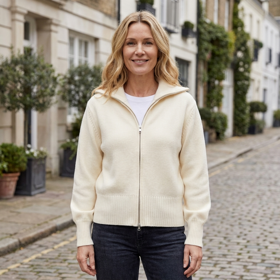 Zip-Up Cardigan with Fold-Over Collar
