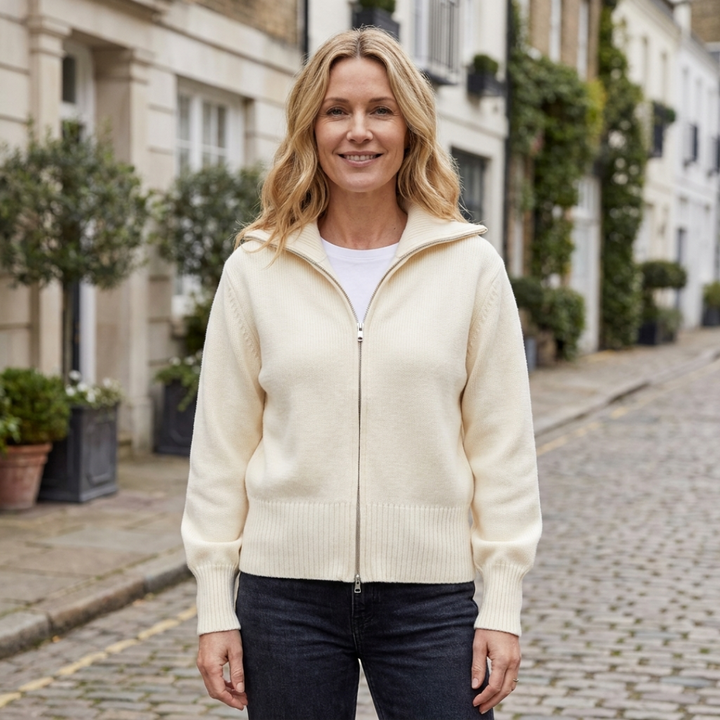 Zip-Up Cardigan with Fold-Over Collar