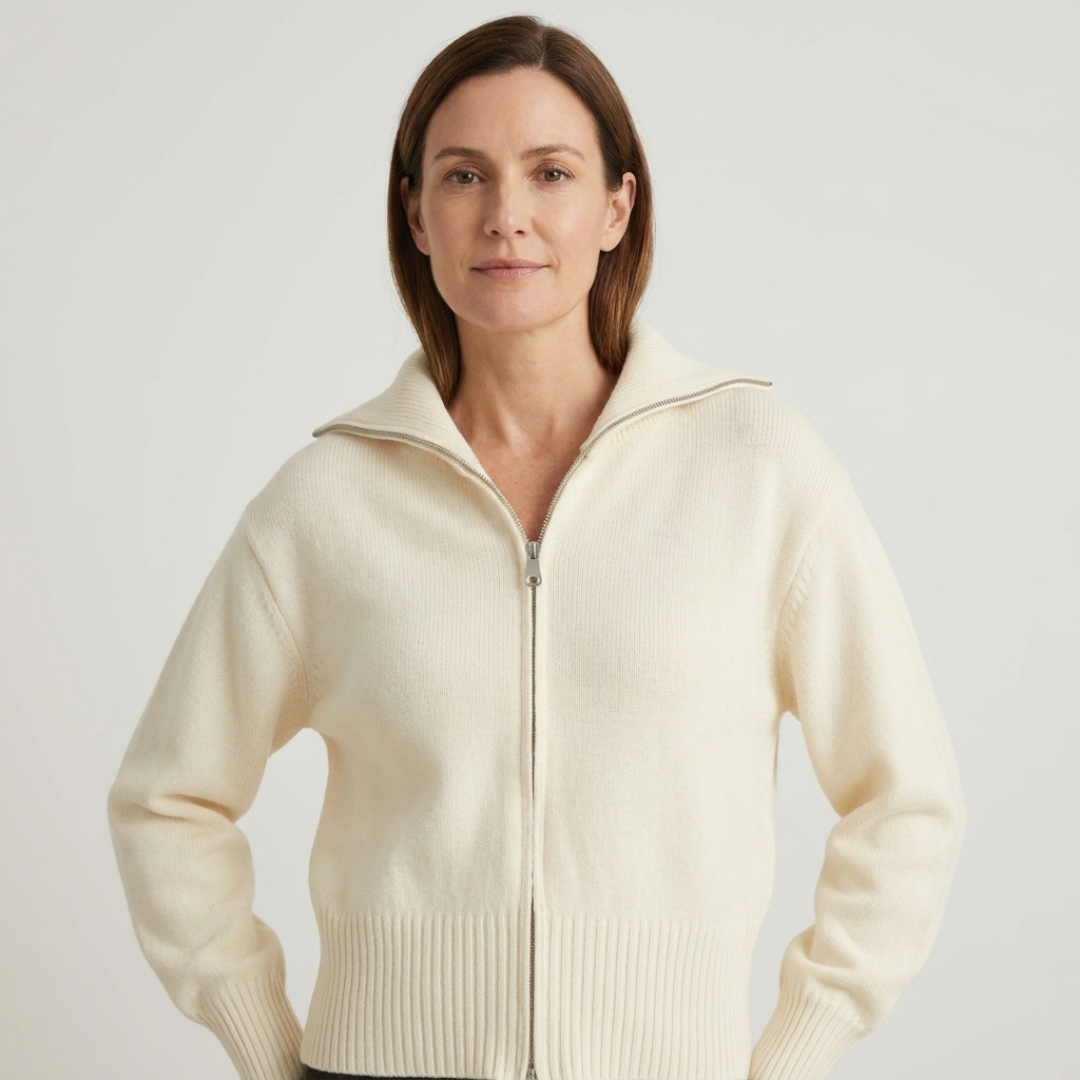 Zip-Up Cardigan with Fold-Over Collar