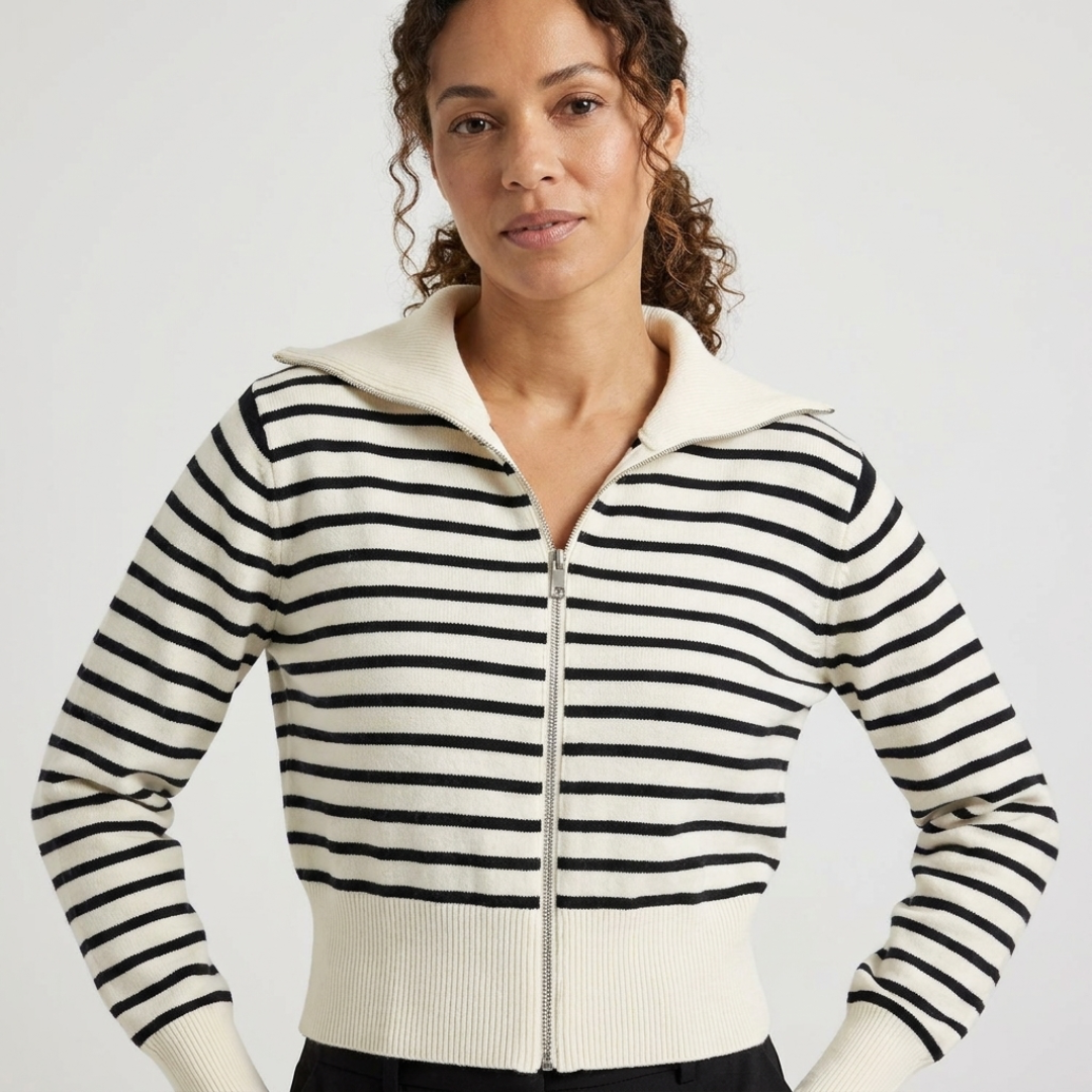 Zip-Up Cardigan with Fold-Over Collar